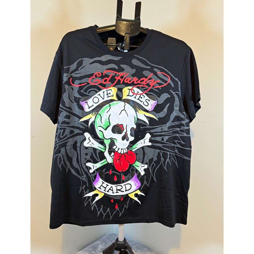 Ed Hardy Men’s Black Skull Graphic Logo Crew Neck Short Sleeve T-Shirt XL
